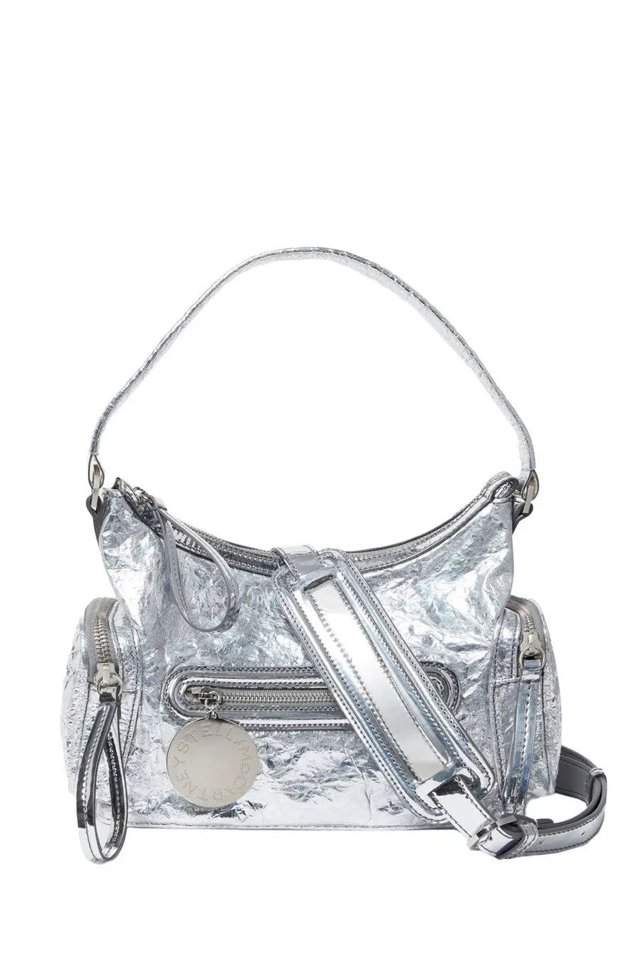 Silver metallic stella mccartney women’s dartmoor handbag with shiny crinkled texture and multiple zippers