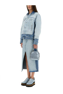 Stella mccartney women’s denim skirt in blue with light blue denim jacket featuring dark blue panels and button closure