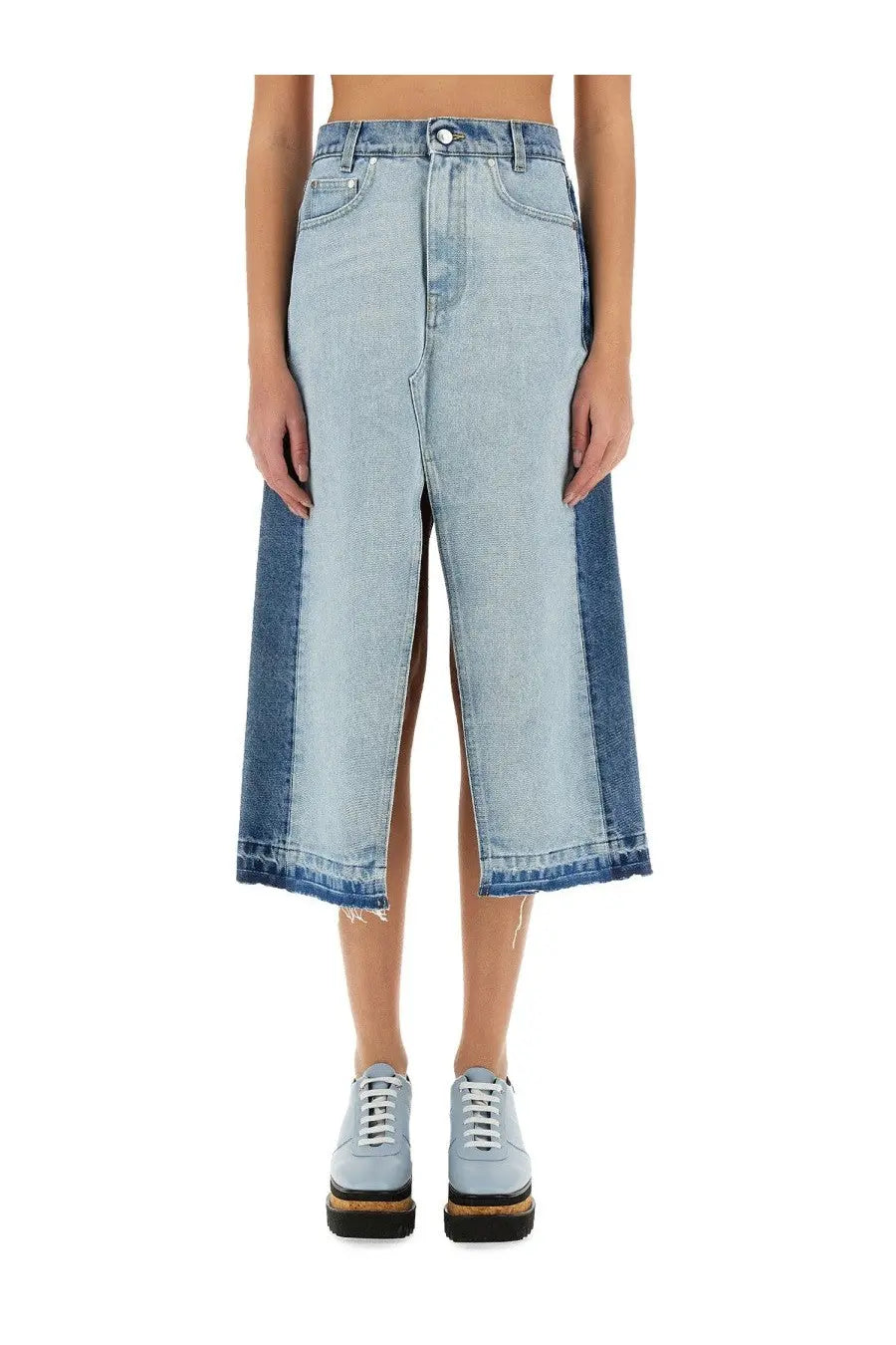 Stella mccartney women’s denim skirt blue featuring light-wash high waist culottes with dark blue side panels
