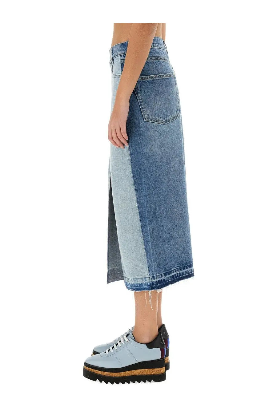 Stella McCartney women’s patchwork denim midi skirt in blue with raw hem and side slit