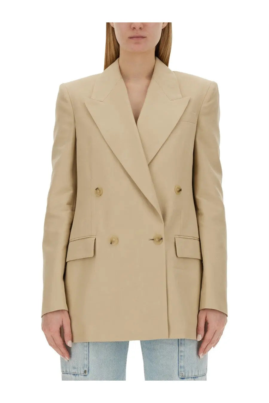 Beige stella mccartney women’s double breasted blazer with gold toned buttons and structured shoulders