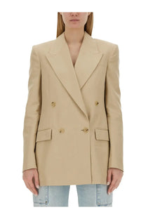 Beige stella mccartney women’s double breasted blazer with gold toned buttons and structured shoulders
