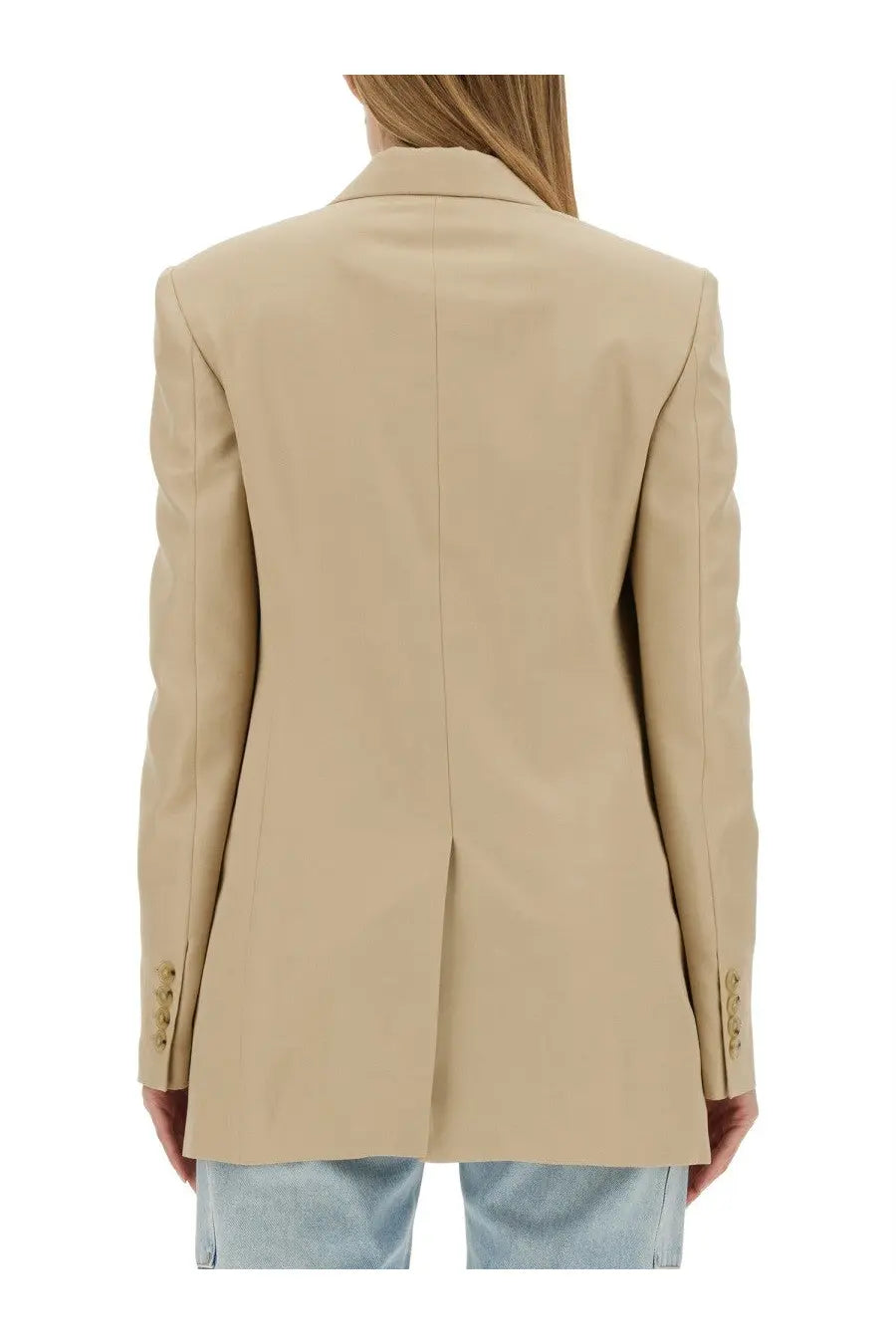 Beige tailored blazer by stella mccartney with structured shoulders and gold tone buttons double breasted design