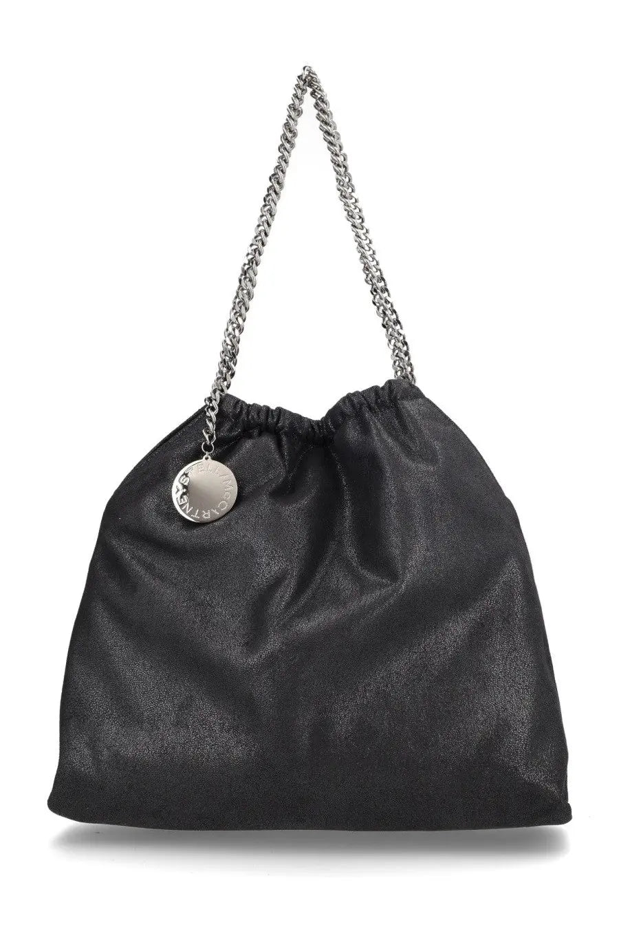Black textured leather Stella McCartney womens Falabella tote bag with silver chain strap and circular metal charm