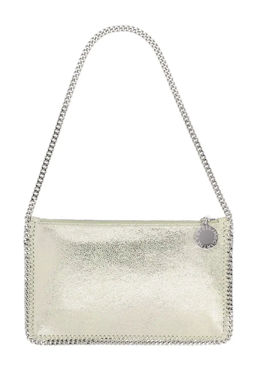 Stella McCartney women’s falabella bag silver with metallic silver chain embellishments and a shimmering textured surface