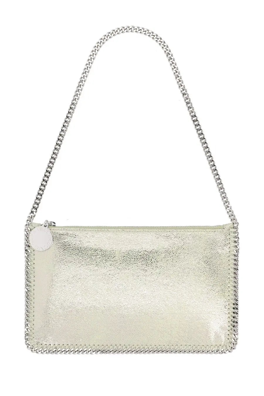 Stella McCartney women’s falabella metallic silver handbag with chain strap and stitched edges made from vegan leather