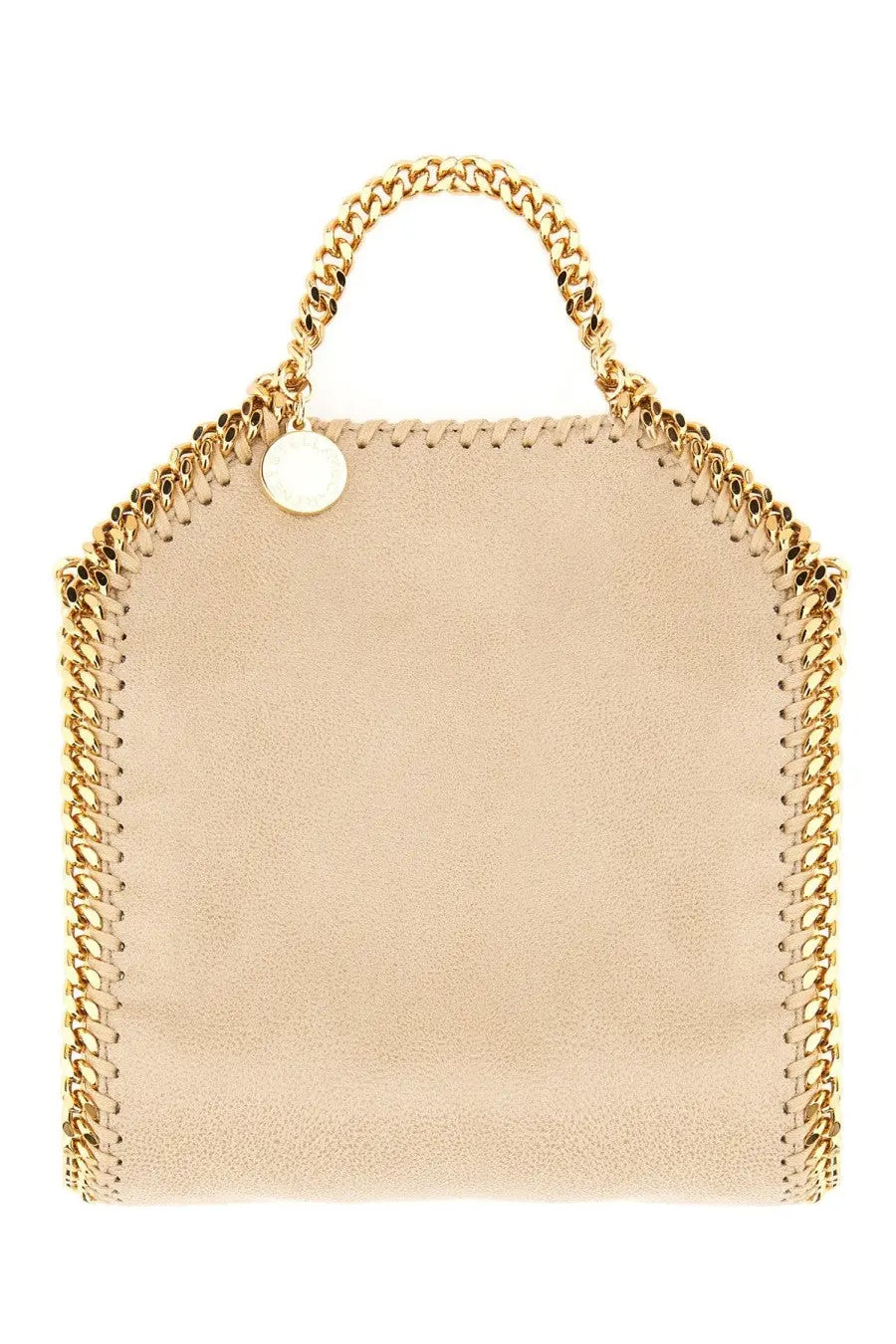 Beige suede stella mccartney women’s falabella micro bag with gold-tone chain handles and circular metal clasp