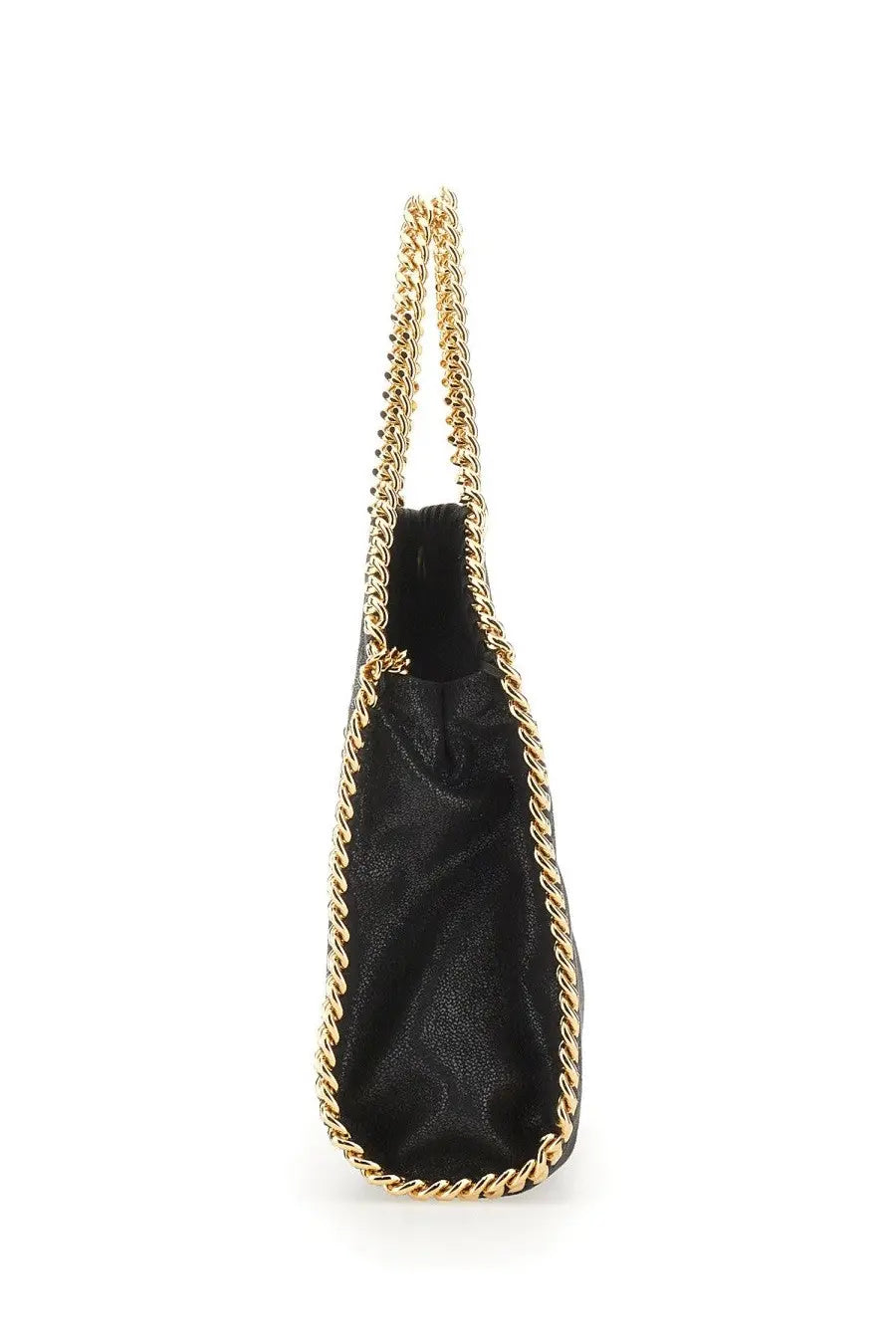 Black leather Stella McCartney womens Falabella mini tote bag with gold-tone chain handles and trim