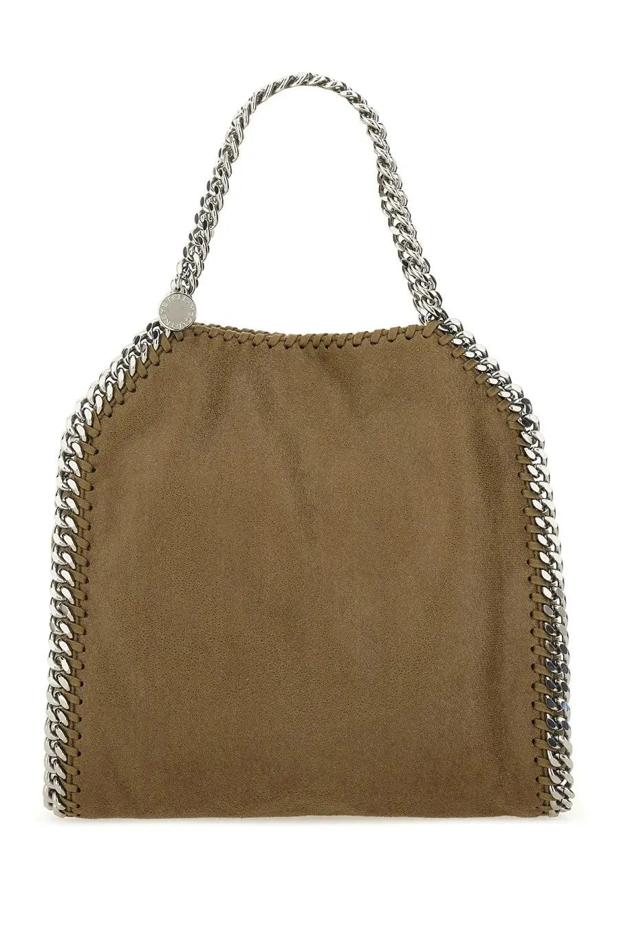 Stella McCartney women’s falabella mini bag in tan suede with silver chain handles and detailed stitching