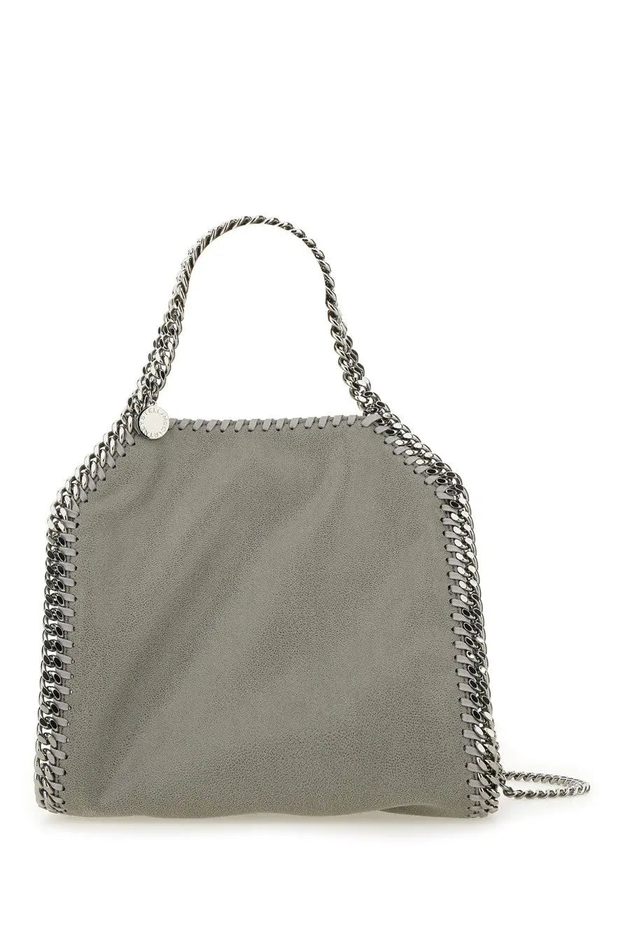 Stella McCartney women’s falabella mini tote bag grey suede with silver chain detailing and circular metal clasp