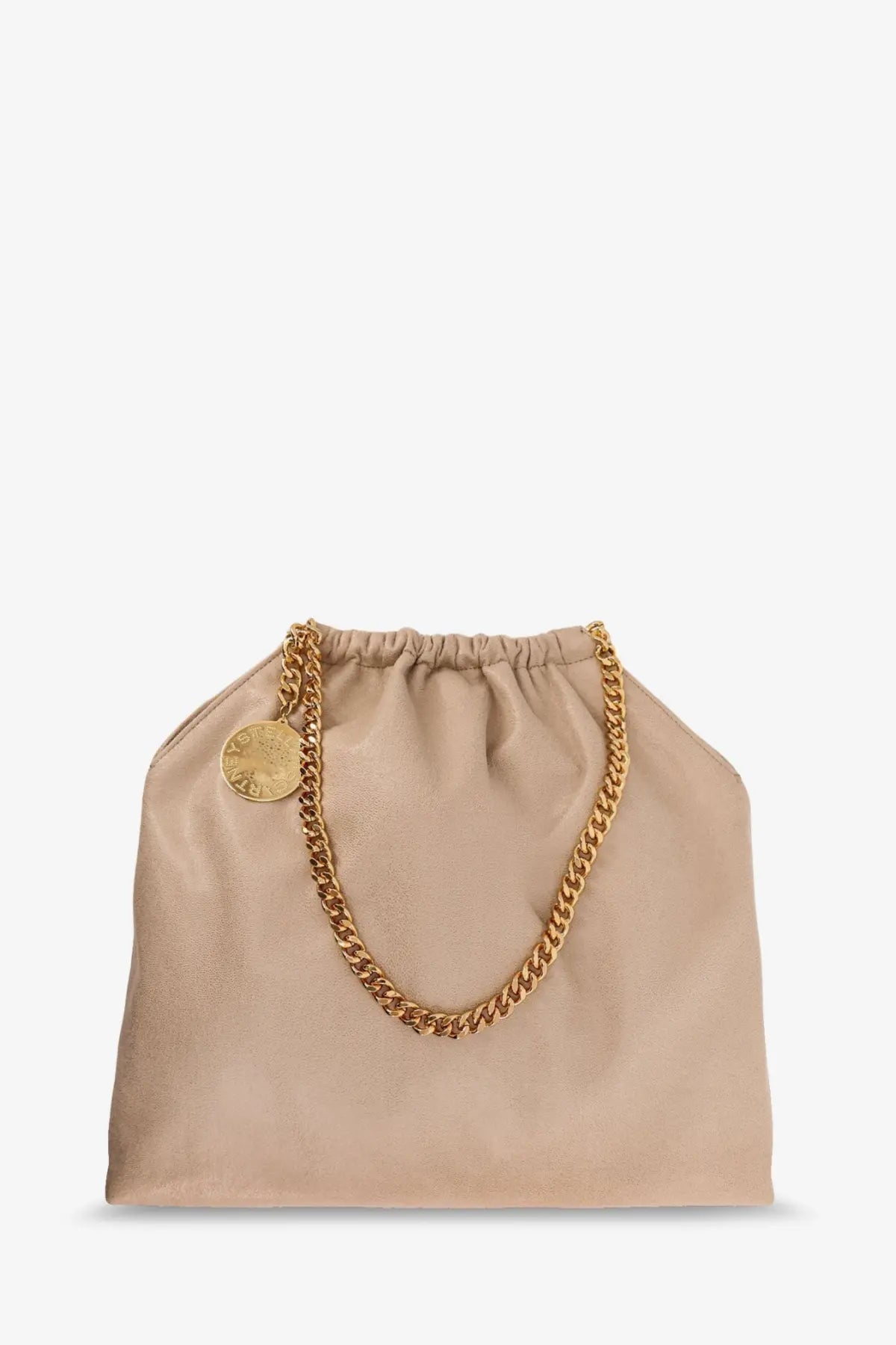 Stella McCartney women’s falabella shoulder bag in beige leather with gold-tone chain strap and circular metal charm