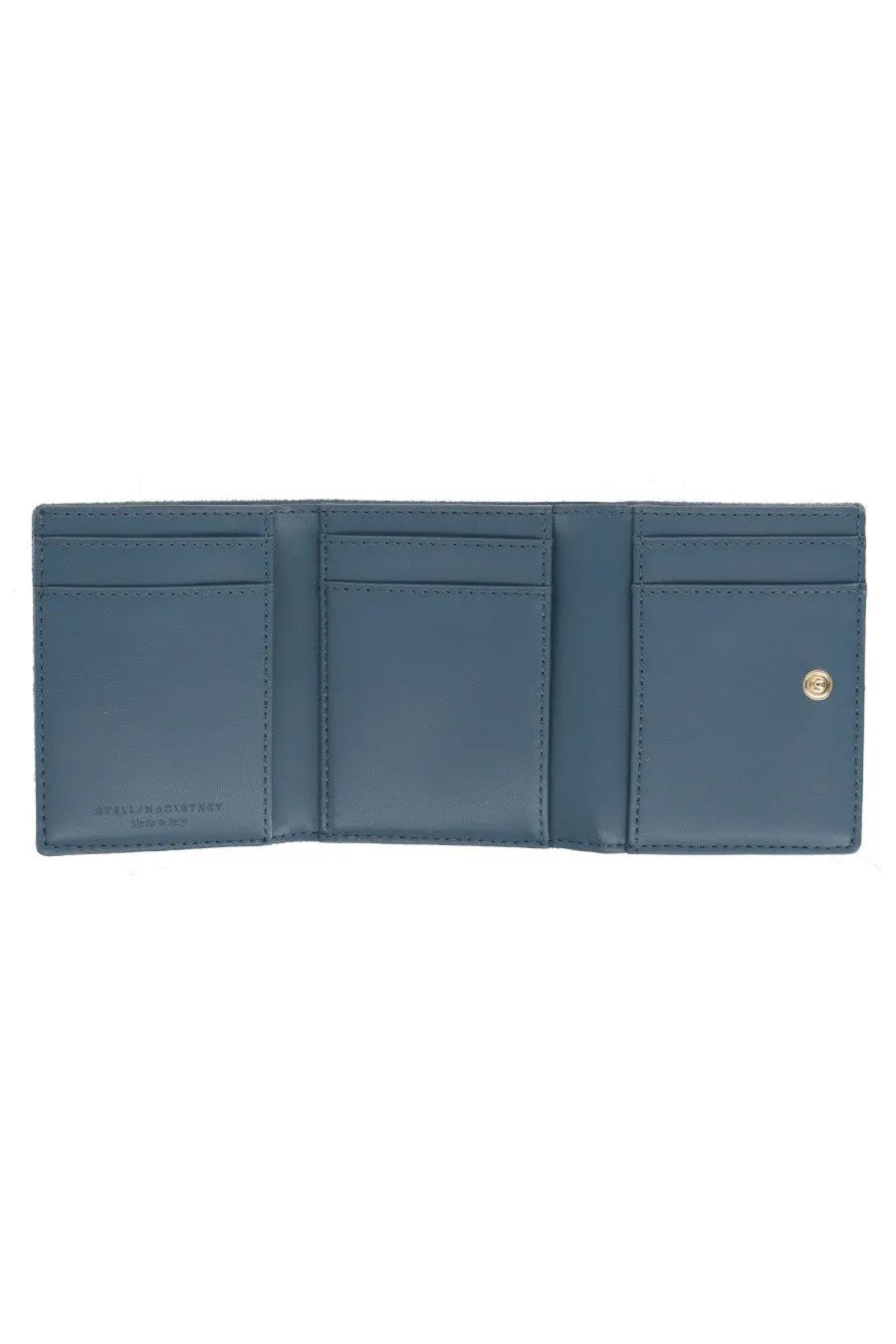 A sleek navy blue leather trifold wallet with precise stitching and gold snap closure from Stella McCartney