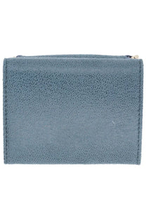 A sleek slate-blue suede zippered womens wallet with textured surface and metallic pull by Stella McCartney