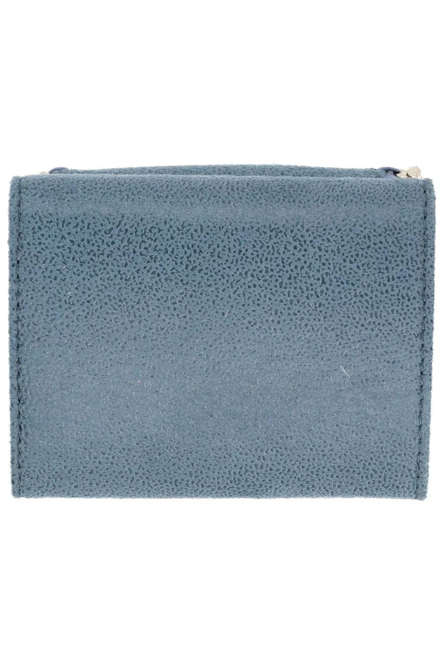 A sleek slate-blue suede zippered wallet with textured surface and metallic pull by Stella McCartney Falabella