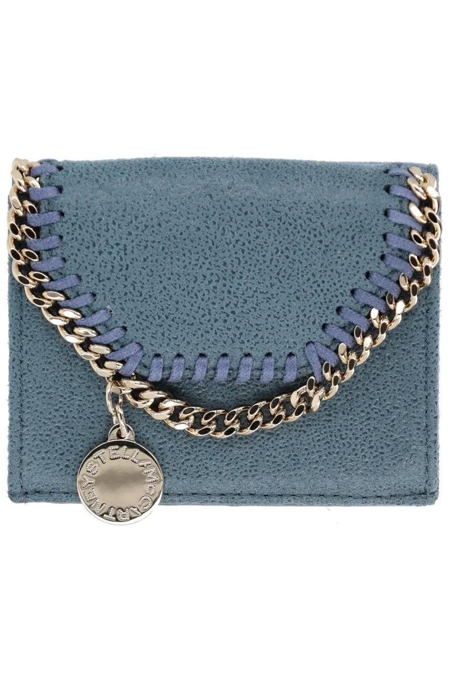 A blue suede stella mccartney women’s falabella wallet with a gold-tone chain and matching circular pendant
