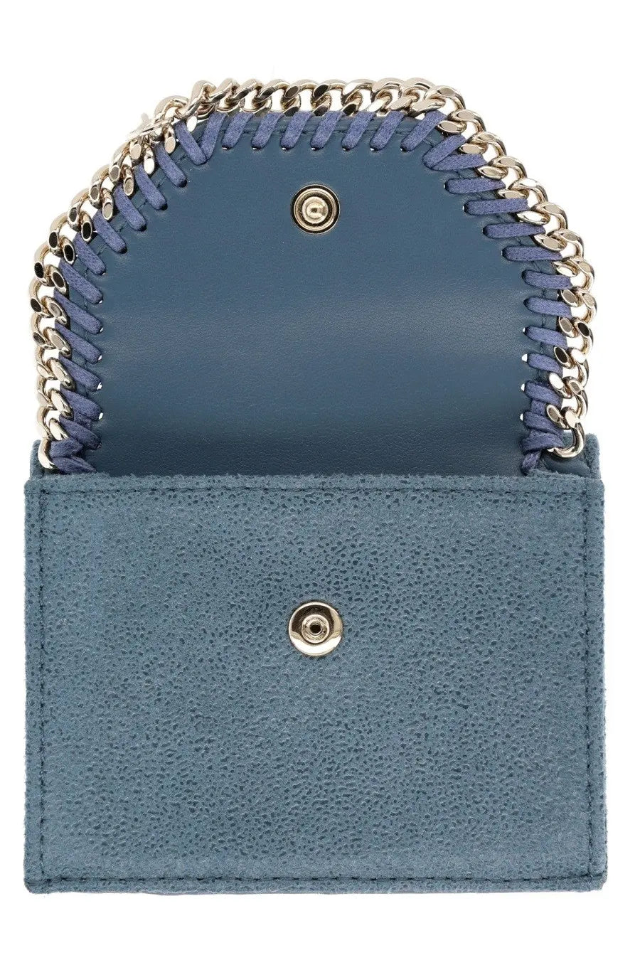 Stella McCartney women’s blue suede Falabella mini wallet with gold-tone chain strap stitched at the top edge