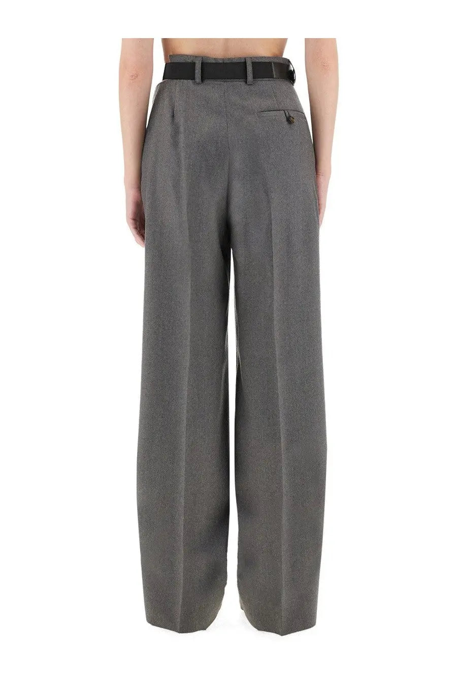 Stella McCartney women’s gray flannel wide-leg trousers with subtle textured weave and black belt