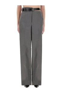 Stella mccartney women’s grey flannel pants with a tailored structured fit and black belt detail
