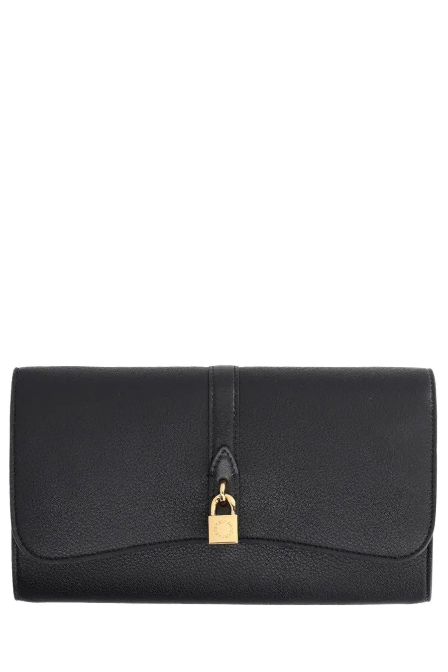 Stella McCartney women’s black leather flap Ryder bag with gold-tone padlock closure and clutch design