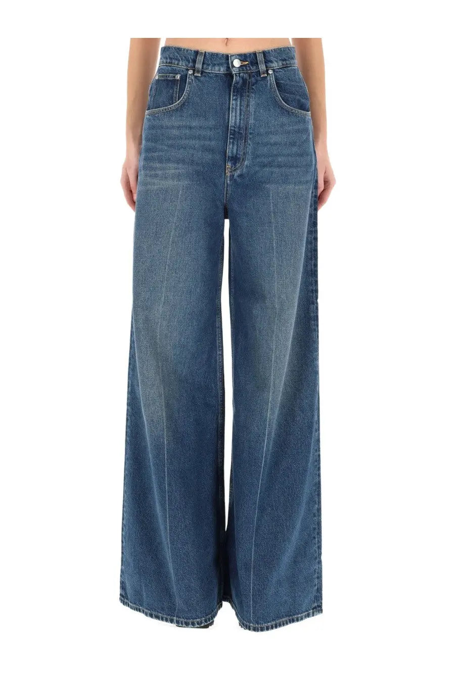 Stella McCartney women’s high waist jeans in medium blue wash with wide-leg denim and classic button closure