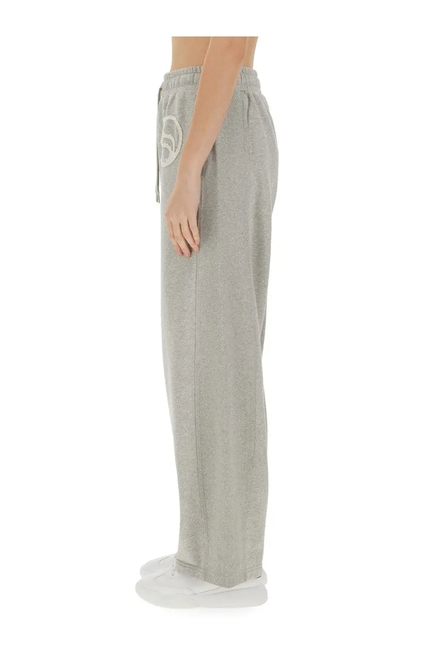 Stella mccartney women’s grey sweatpants with white embroidered logo on waistband for comfortable jogging