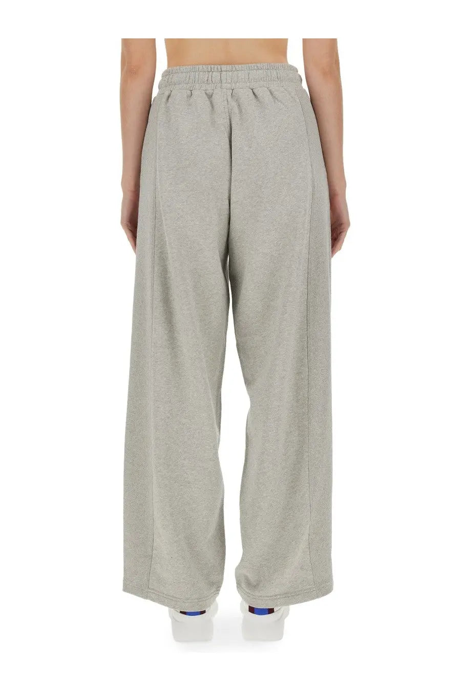 Light gray Stella McCartney women’s jogging pants with wide-leg cut elastic waistband and subtle side seams