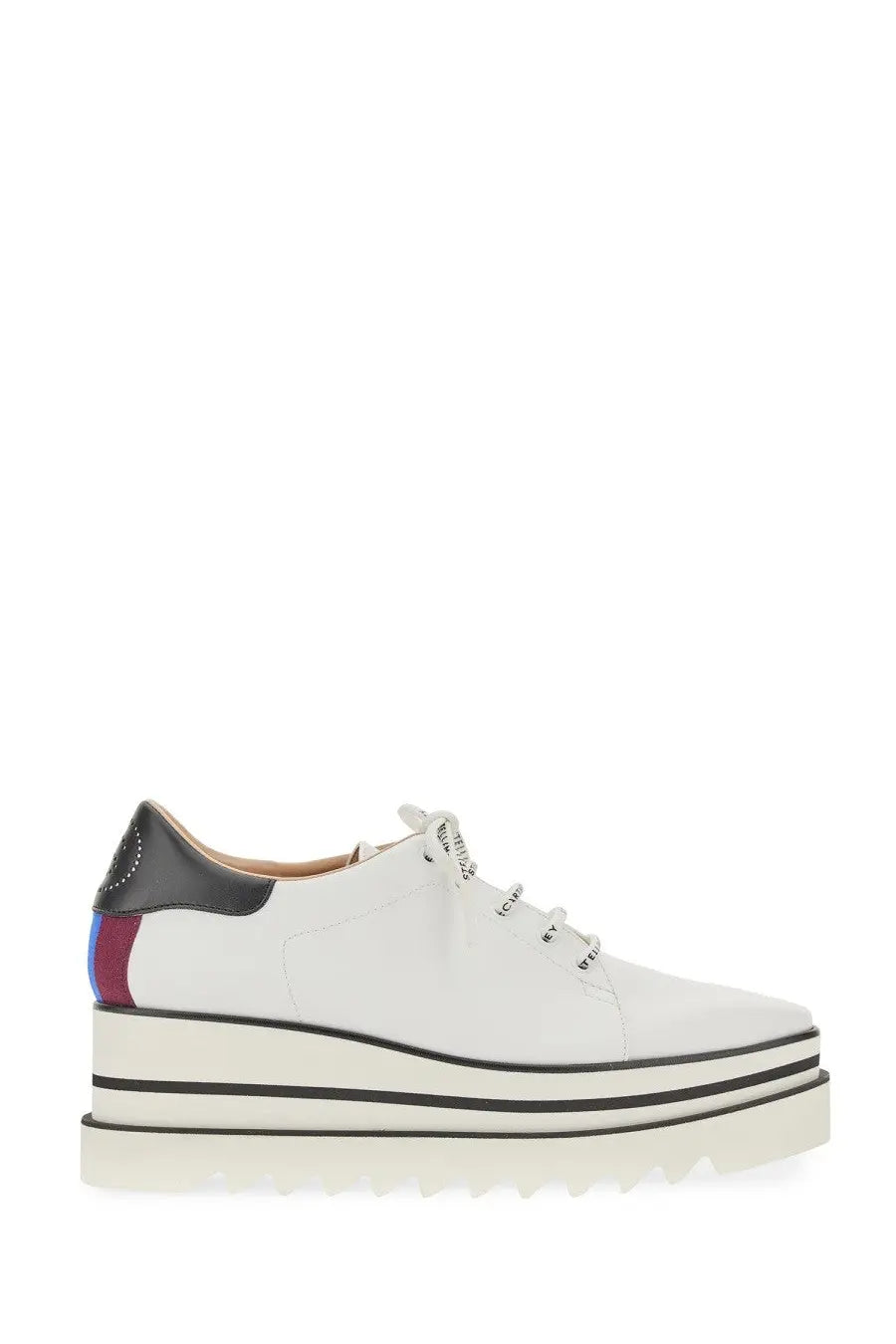 White leather platform sneaker with black and purple heel accents seen from the back by Stella McCartney women’s lace white