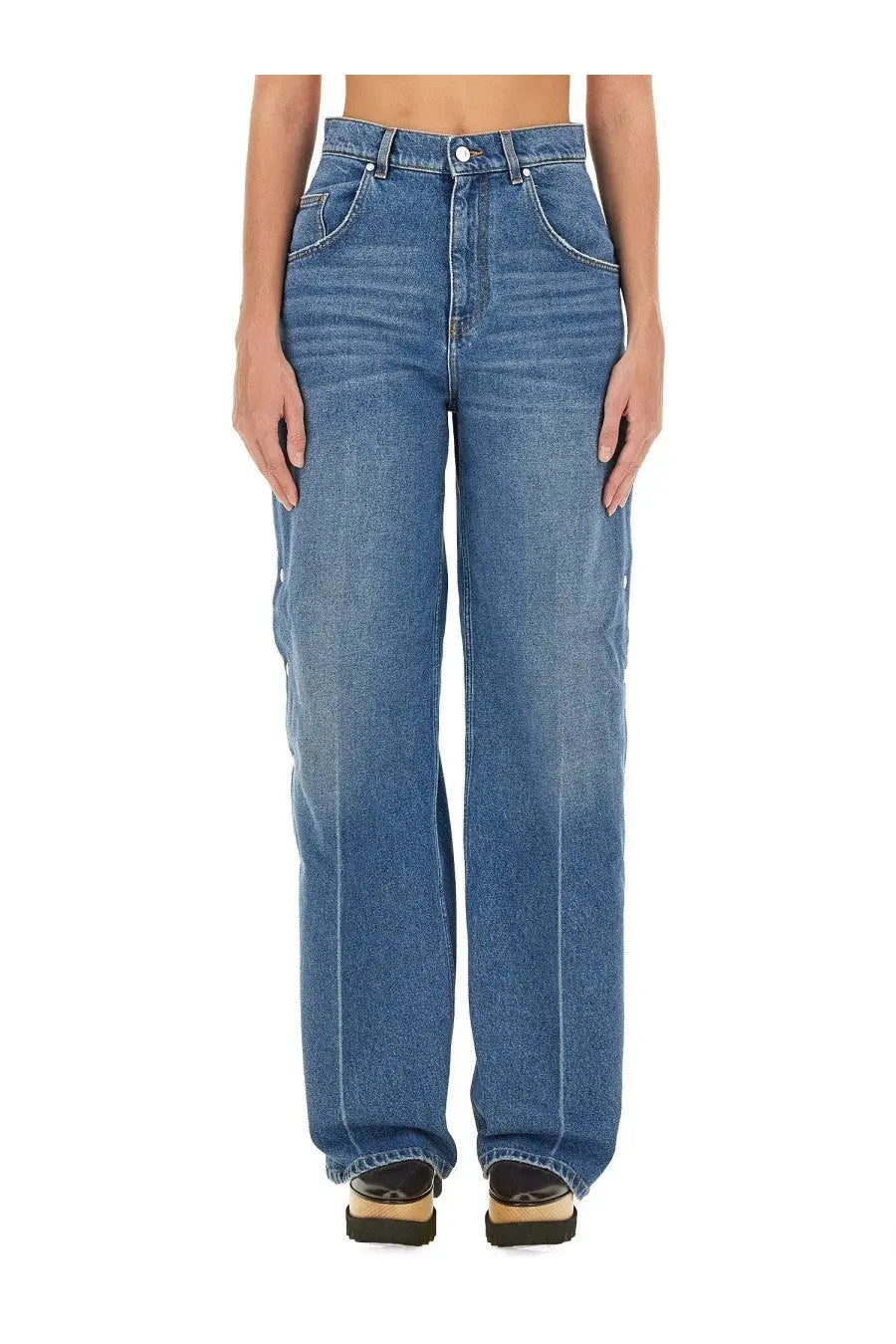 Stella McCartney women’s loose fit high-waisted blue denim jeans with straight-leg cut and classic stitching details