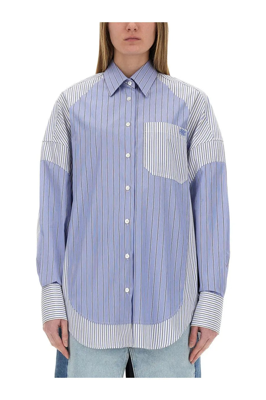 Stella McCartney women’s blue mixed stripe button-up shirt with patchwork sleeves and chest pocket