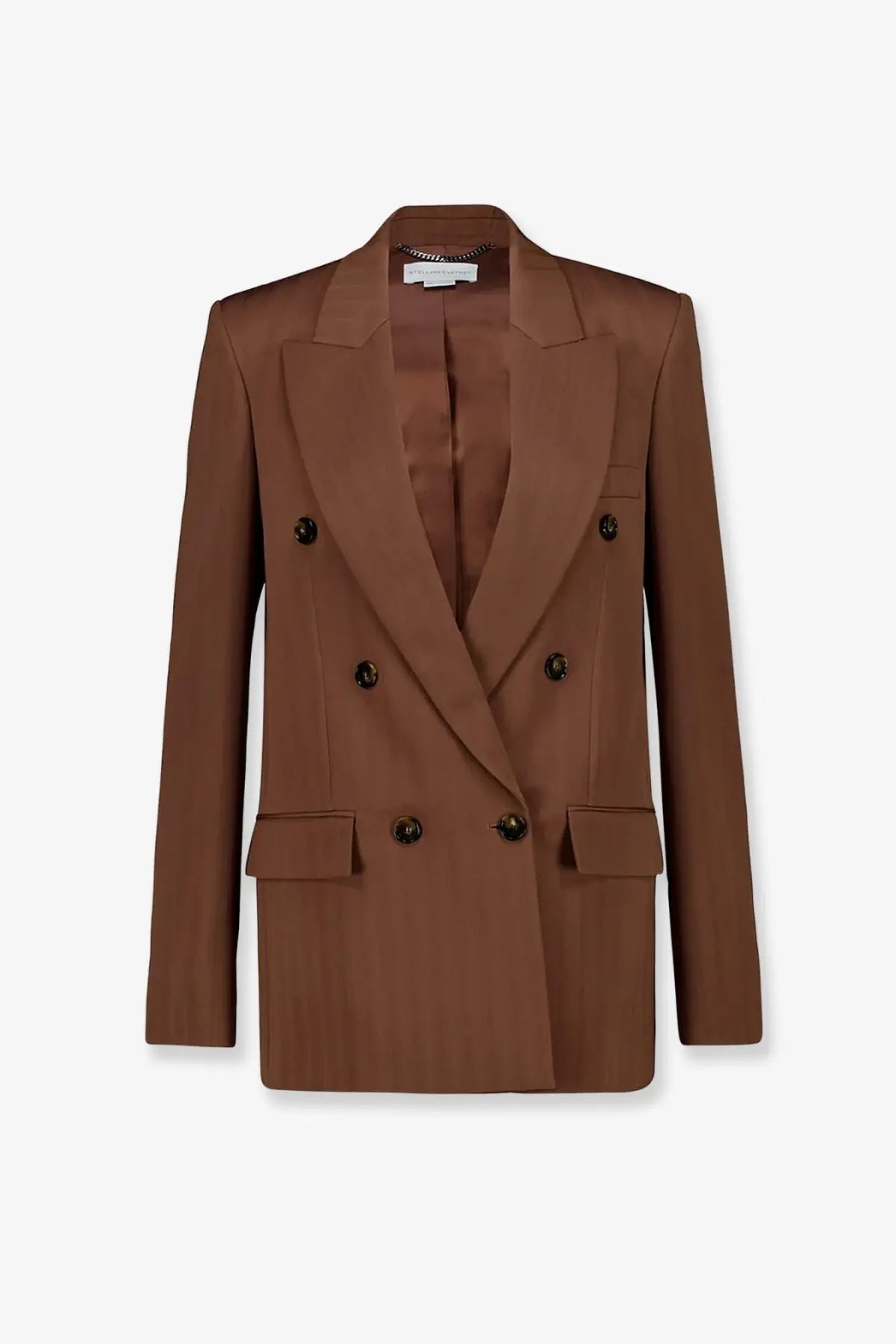 A sleek chocolate brown double-breasted blazer with structured silhouette and dark metallic buttons by Stella McCartney
