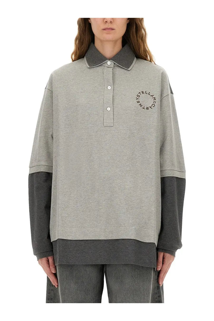 Stella McCartney women’s oversize grey polo shirt with dark gray collar sleeve cuffs and hem made from soft fabric