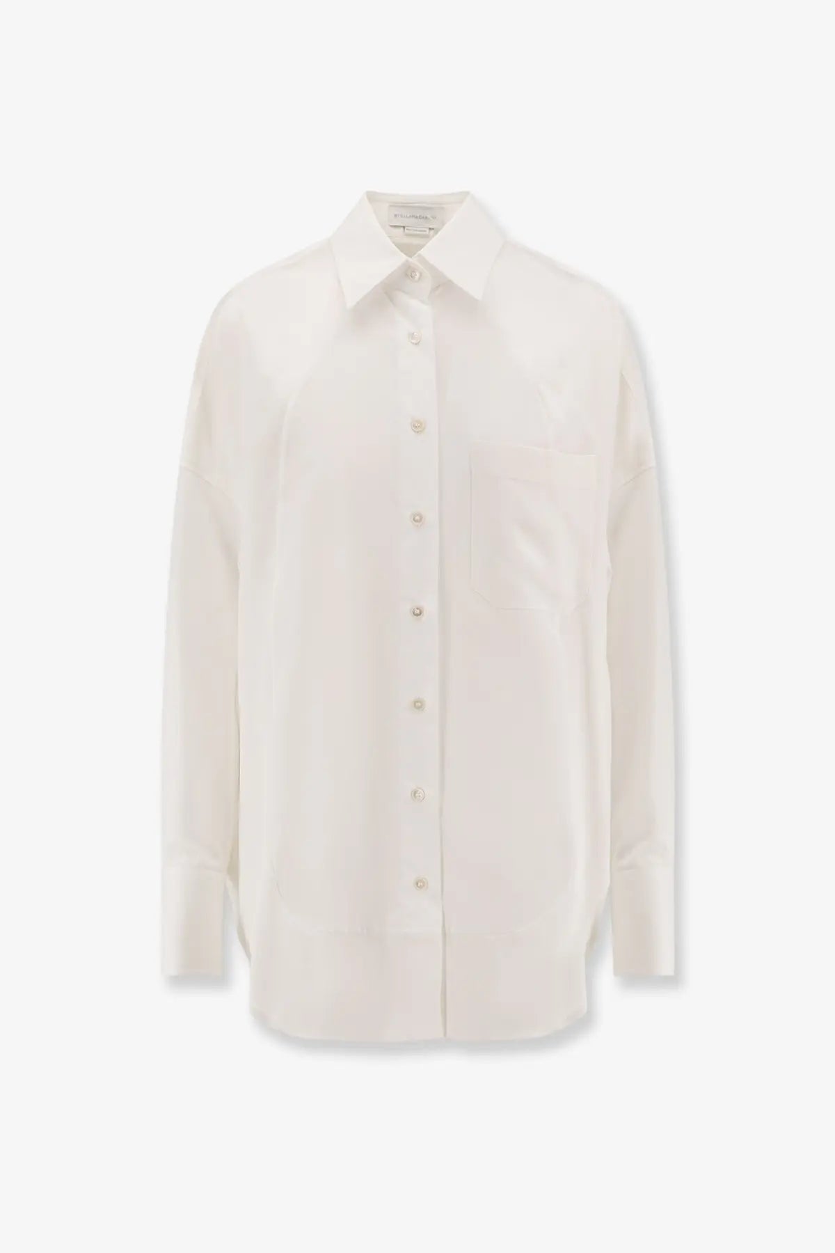 Stella McCartney women’s oversize off-white satin button-down shirt with classic collar and subtle texture