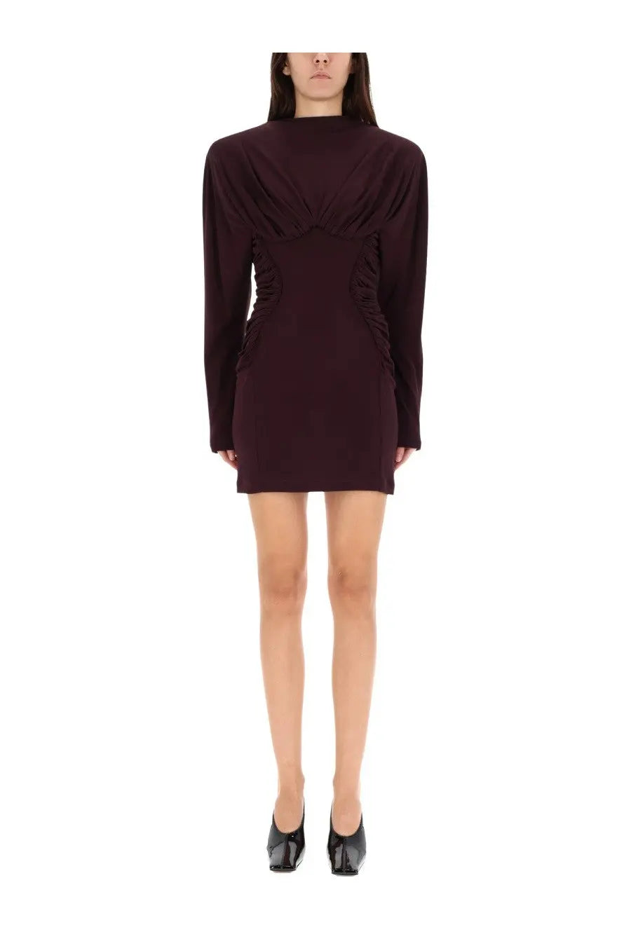 Stella McCartney women’s pleated mini dress brown structured long-sleeve burgundy with ruched sides and high neckline