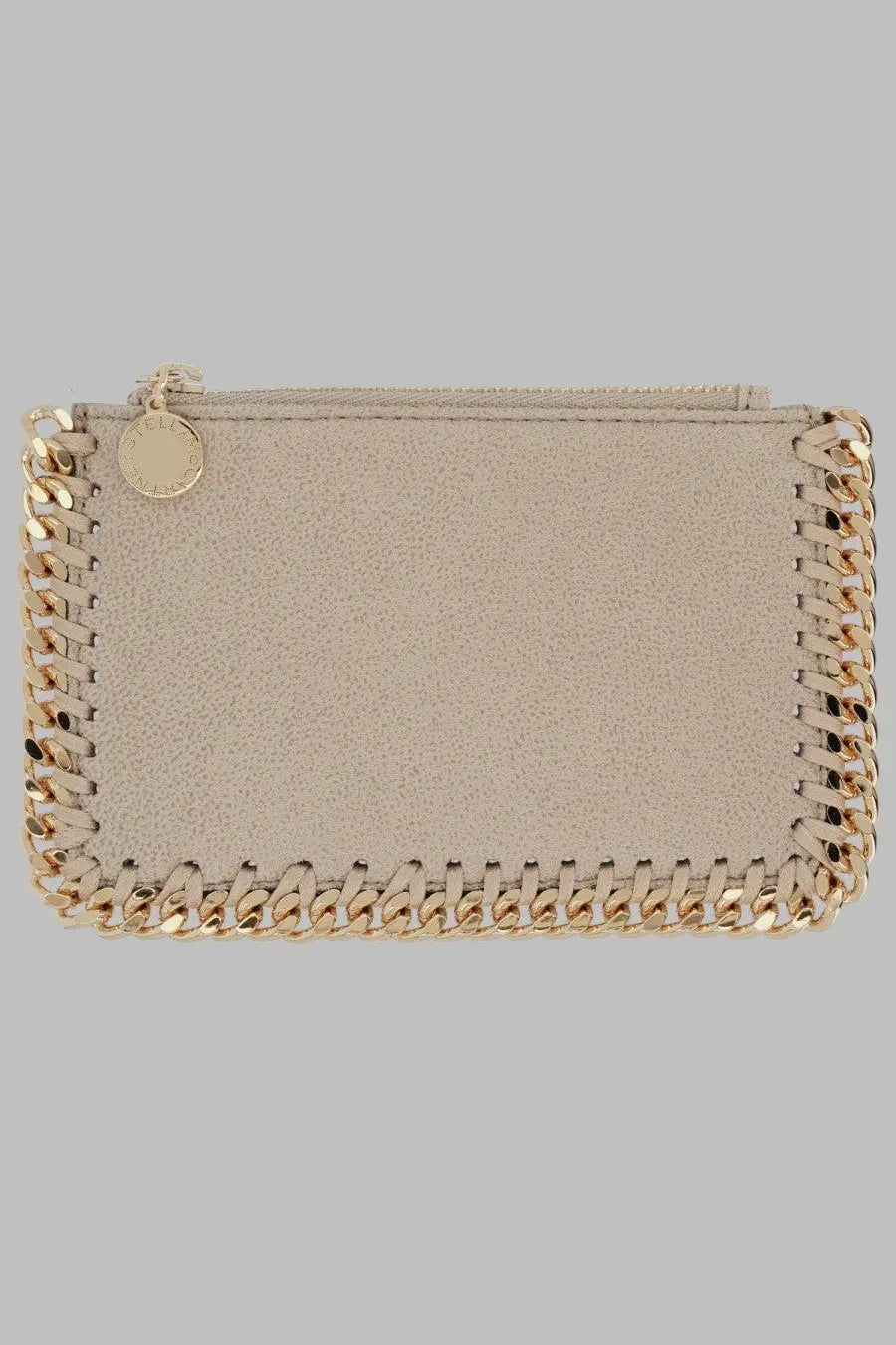 Stella McCartney women’s portacarte Falabella beige suede wallet with gold-tone chain-stitched edges and circular brand tag