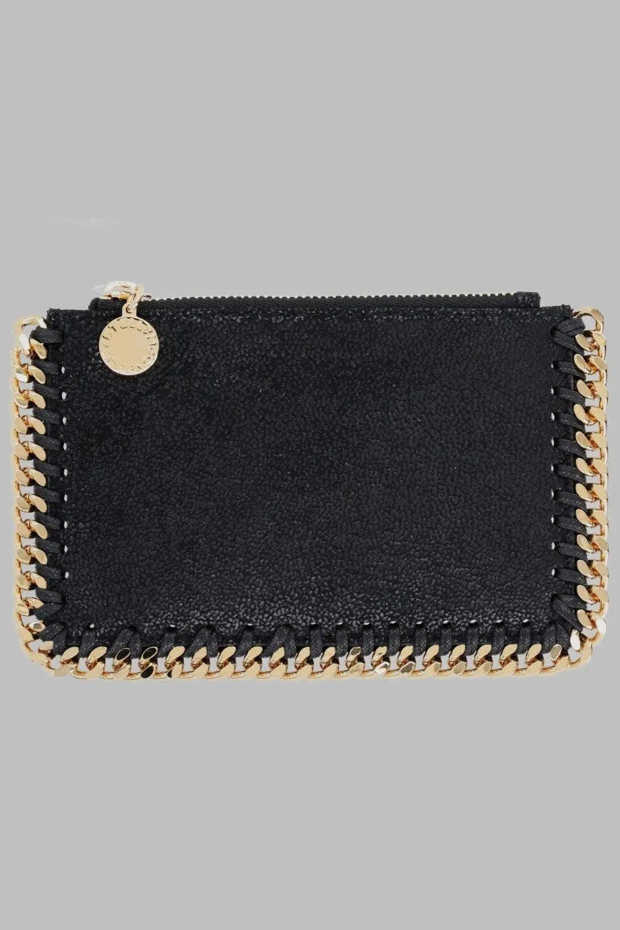 Stella McCartney women’s portacarte falabella black suede clutch with gold-tone chain detailing and circular metal zipper pull