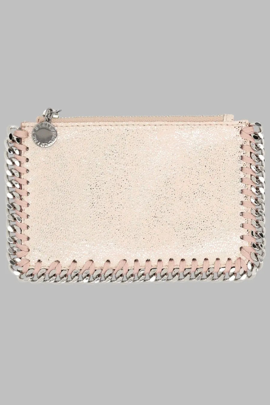 A blush pink glittery leather clutch with chain-stitched border and silver hardware for stella mccartney portacarte falabella con zip blue