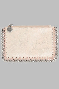 A blush pink glittery leather clutch with chain-stitched border and silver hardware for stella mccartney portacarte falabella con zip blue