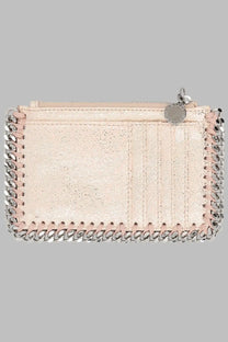 A blush pink glittery leather wallet with silver chain-stitched edge and circular metal zipper pull by Stella McCartney