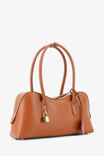 Tan vegan leather shoulder bag by Stella McCartney with gold-tone hardware and a padlock closure in brown
