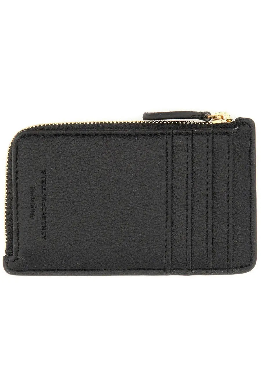 Black leather card case with gold-tone zippered pull and embossed stella mccartney logo in ryder wallet style