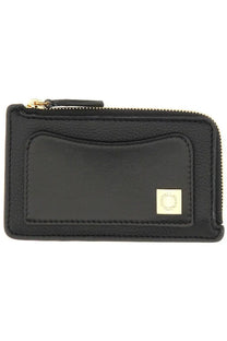 Stella McCartney women’s black leather zippered card case with gold-tone zipper and small square logo plaque