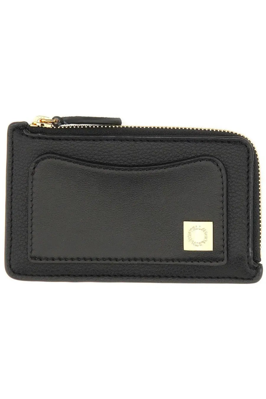 Stella McCartney women’s black leather zippered card case with gold-tone zipper and square logo plaque