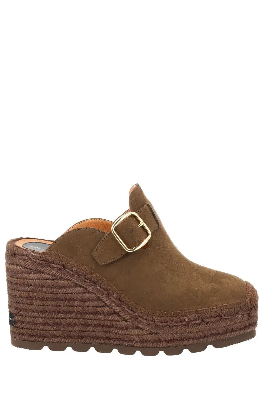 Brown suede mule sandal with woven espadrille wedge heel and gold-tone buckle by stella mccartney women’s sabot gaia brown