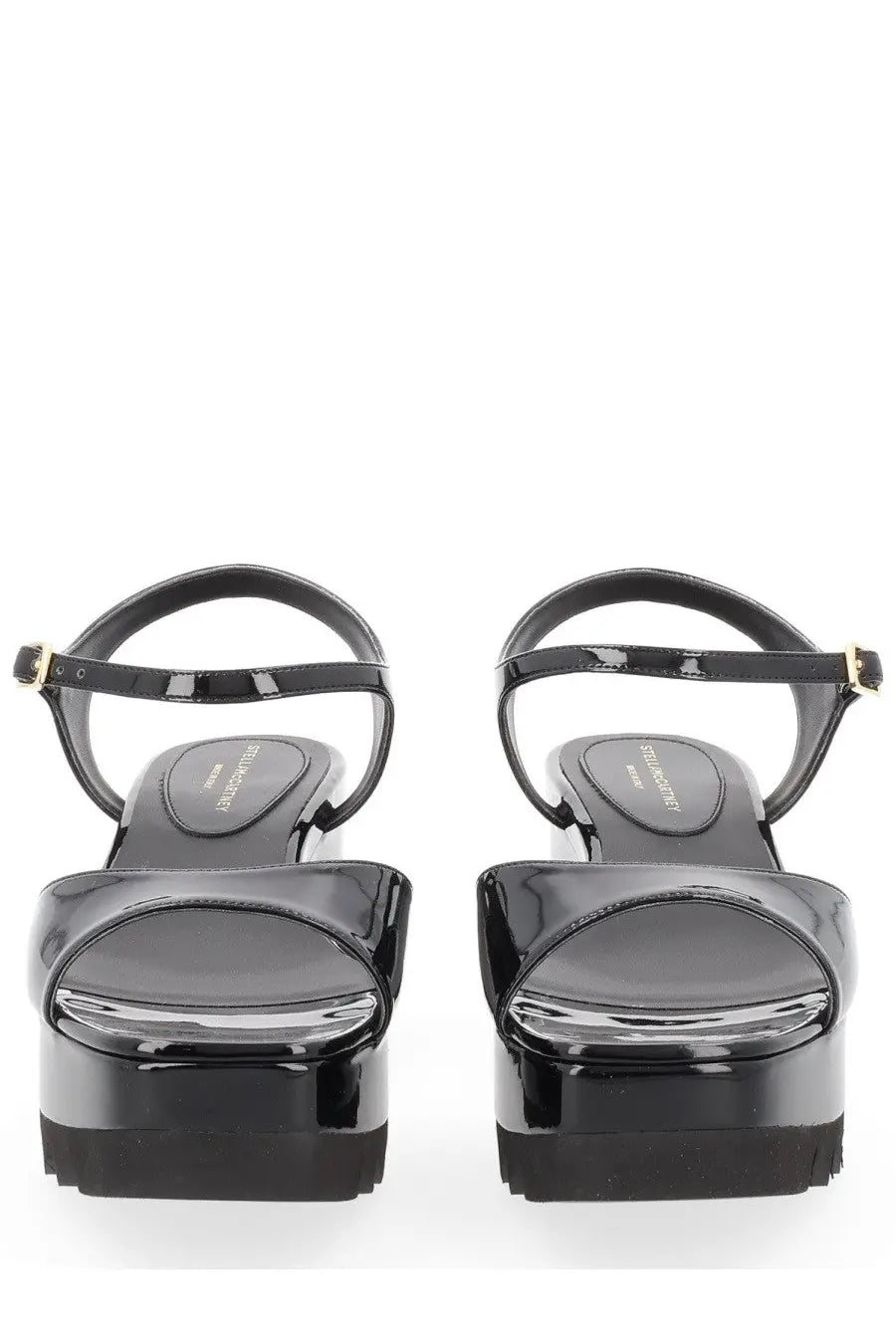 Stella McCartney women’s Elyse black patent leather platform sandals with glossy finish and gold-tone buckle details