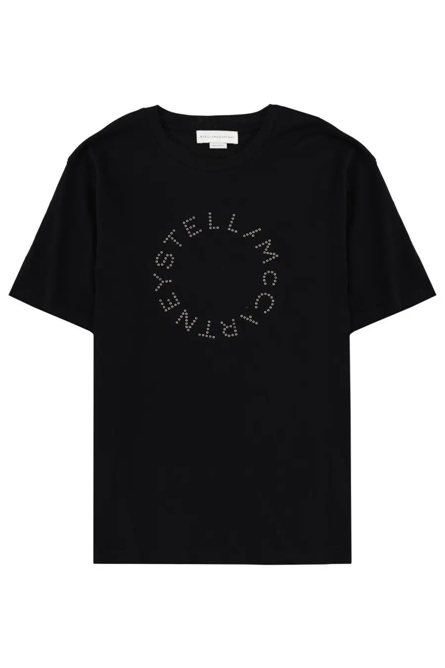 Black short-sleeved stella mccartney women’s shirt with circular logo embroidered in sparkling rhinestones
