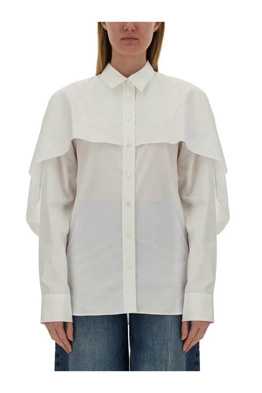 Stella McCartney women’s white blouse with structured collar button-down front and voluminous ruffled sleeves in lightweight fabric