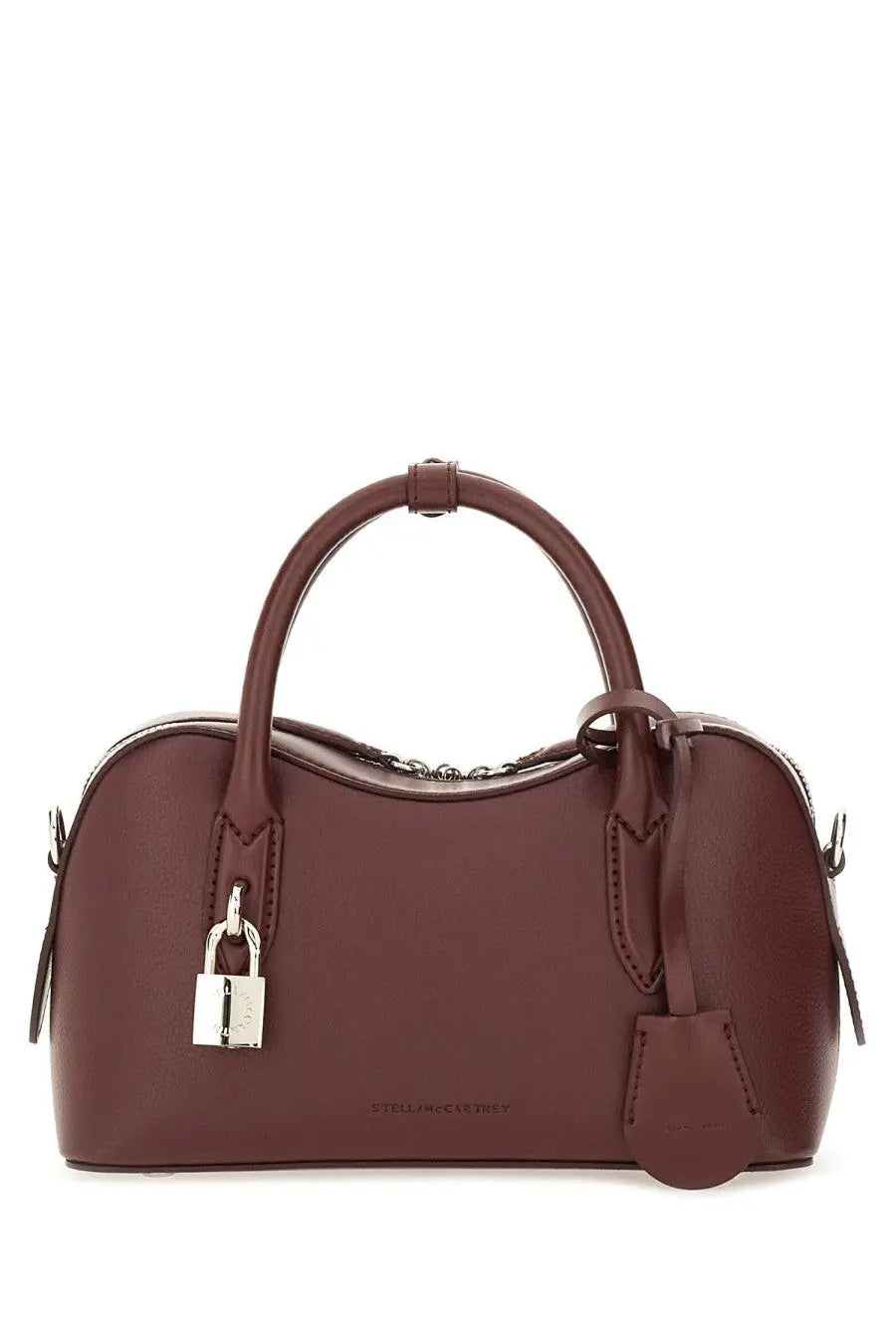 A burgundy leather stella mccartney women’s shoulder bag with silver padlock and structured handles
