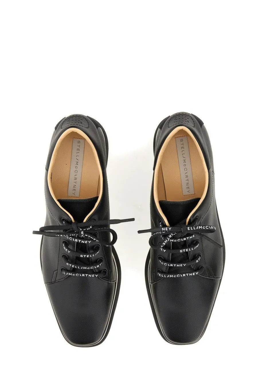 Black leather lace-up oxford shoes with white stella mccartney branding on laces and insole for women