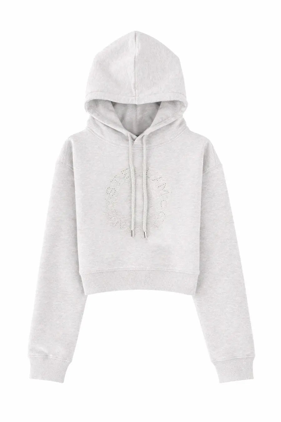 Stella McCartney women’s cropped grey hooded sweatshirt with circular rhinestone logo on the chest