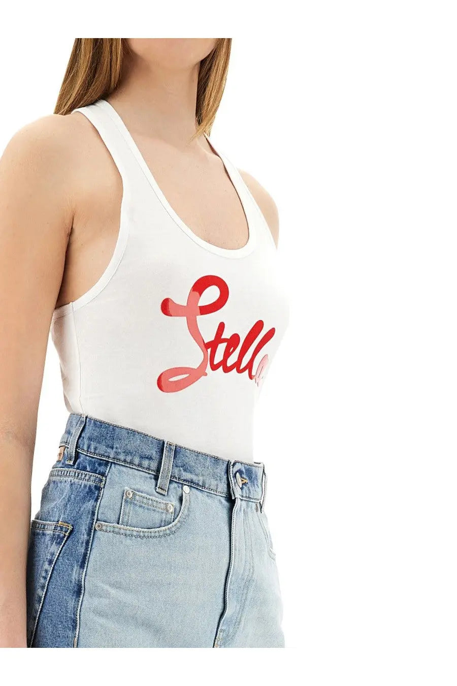 White racerback tank top with bold red cursive stella logo by Stella McCartney womens tops white collection
